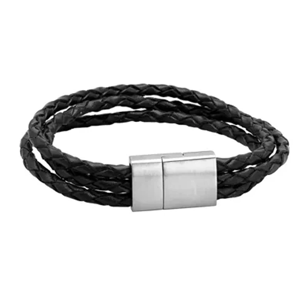 Mens Black Braided Leather and Stainless Steel Bracelet