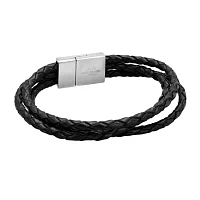 Mens Black Braided Leather and Stainless Steel Bracelet