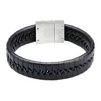 Mens Black Leather with Stainless Steel Bracelet