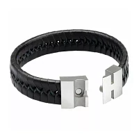 Mens Black Leather with Stainless Steel Bracelet