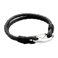 Mens Braided Black Leather with Stainless Steel Bracelet