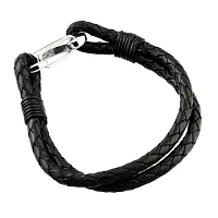 Mens Braided Black Leather with Stainless Steel Bracelet