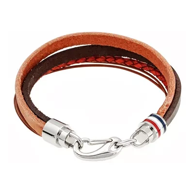 Mens Brown Leather Stainless Steel Bracelet