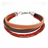 Mens Brown Leather Stainless Steel Bracelet