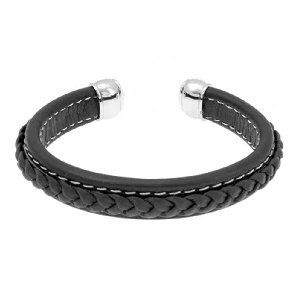 Mens Black Braided Leather Cuff Bracelet