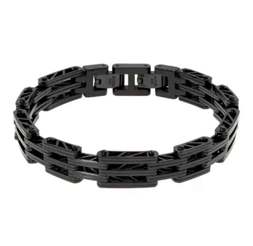 Mens Black IP Stainless Steel Bridge Bracelet with Lock Extender