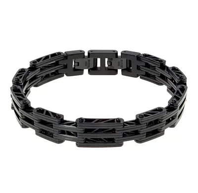 Mens Black IP Stainless Steel Bridge Bracelet with Lock Extender