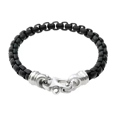 Mens Black IP Stainless Steel Round Box Chain Bracelet with Fancy Clasp