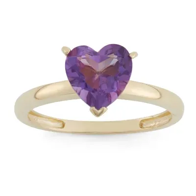 Womens Genuine Purple Amethyst 10K Gold Heart Solitaire Cocktail Ring