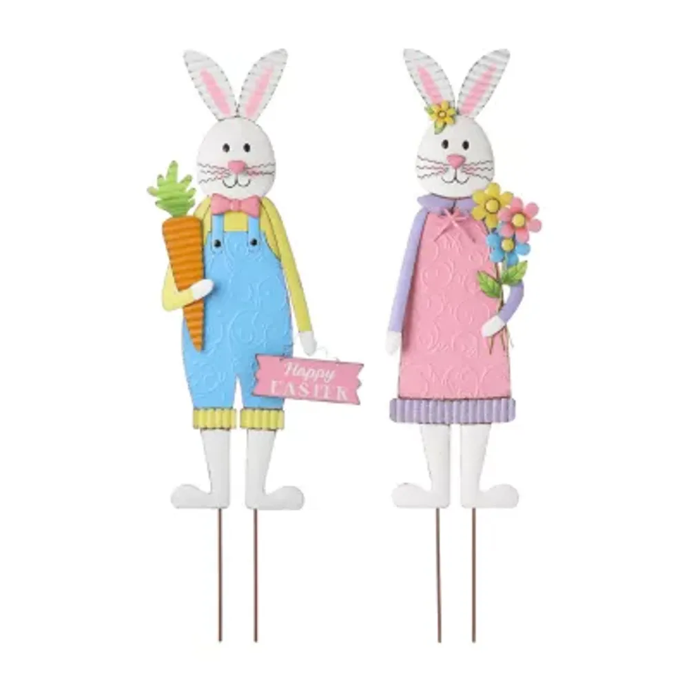 Glitzhome 2pk Metal Bunny Boy/Girl'S Yard Stake Easter Yard Art