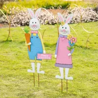 Glitzhome 2pk Metal Bunny Boy/Girl'S Yard Stake Easter Holiday Yard Art