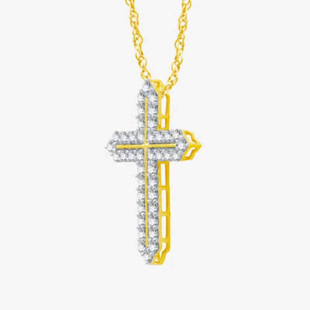 Womens 1 CT. T.W. Natural White Diamond 14K Gold Over Silver Cross Pendant Necklace