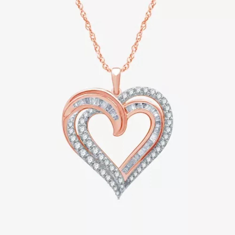 Womens 1 CT. T.W. Natural White Diamond 14K Rose Gold Over Silver Heart Pendant Necklaces