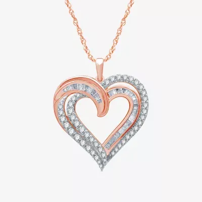 Womens 1 CT. T.W. Natural White Diamond 14K Rose Gold Over Silver Heart Pendant Necklaces