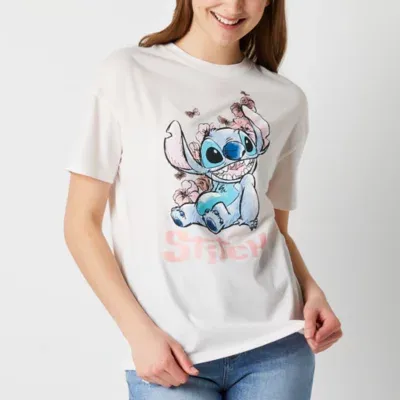 Juniors Stitch Floral Womens Crew Neck Short Sleeve Disney Boyfriend Graphic T-Shirt
