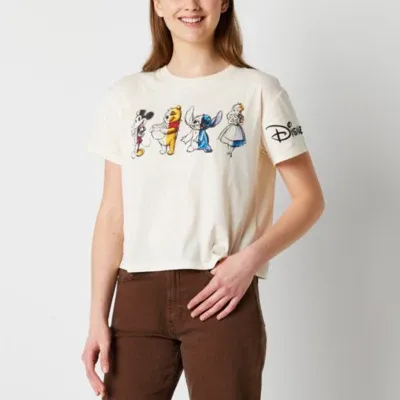 Juniors Disney 100 Womens Crew Neck Short Sleeve Mickey and Friends Cropped Graphic T-Shirt