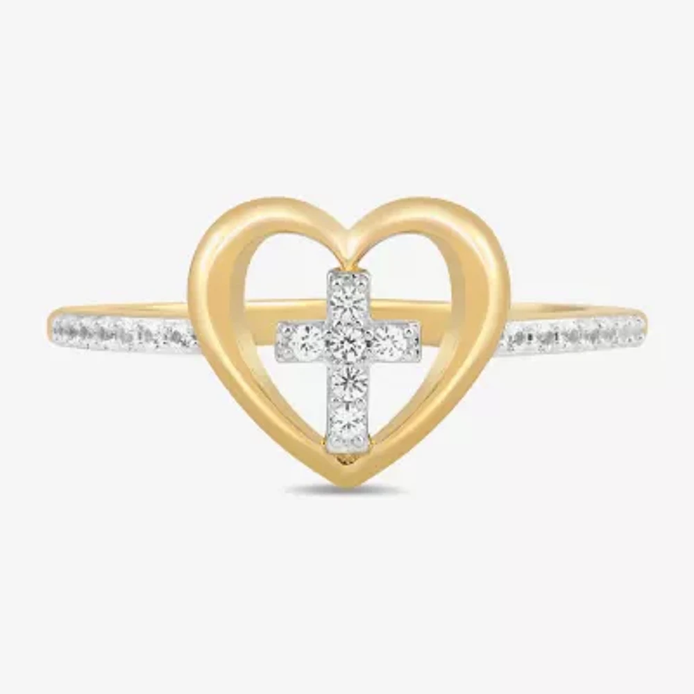 Womens Lab Created White Sapphire 14K Gold Over Silver Cross Heart Delicate Side Stone Cocktail Ring