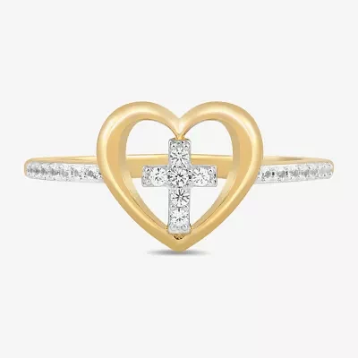 Womens Lab Created White Sapphire 14K Gold Over Silver Cross Heart Delicate Side Stone Cocktail Ring