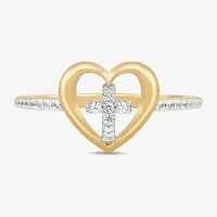 Womens Lab Created White Sapphire 14K Gold Over Silver Cross Heart Delicate Side Stone Cocktail Ring