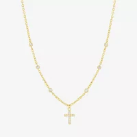 Silver Reflections Cubic Zirconia 14K Gold Over Brass 16 Inch Cable Cross Pendant Necklace