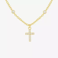 Silver Reflections Cubic Zirconia 14K Gold Over Brass 16 Inch Cable Cross Pendant Necklace