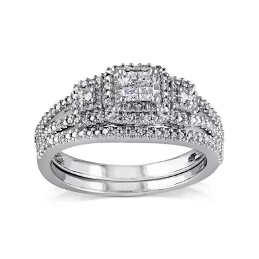 1/4 CT.T.W. Natural Diamond Sterling Silver 3-Stone Bridal Ring Set