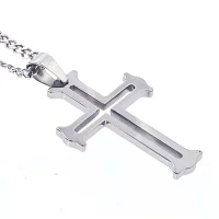 Mens Tungsten Cutout Cross Pendant Necklace
