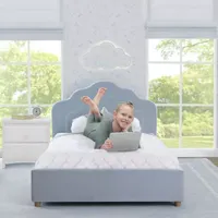 Upholstered Platform Twin Toddler Bed in Velvety Sea Breeze