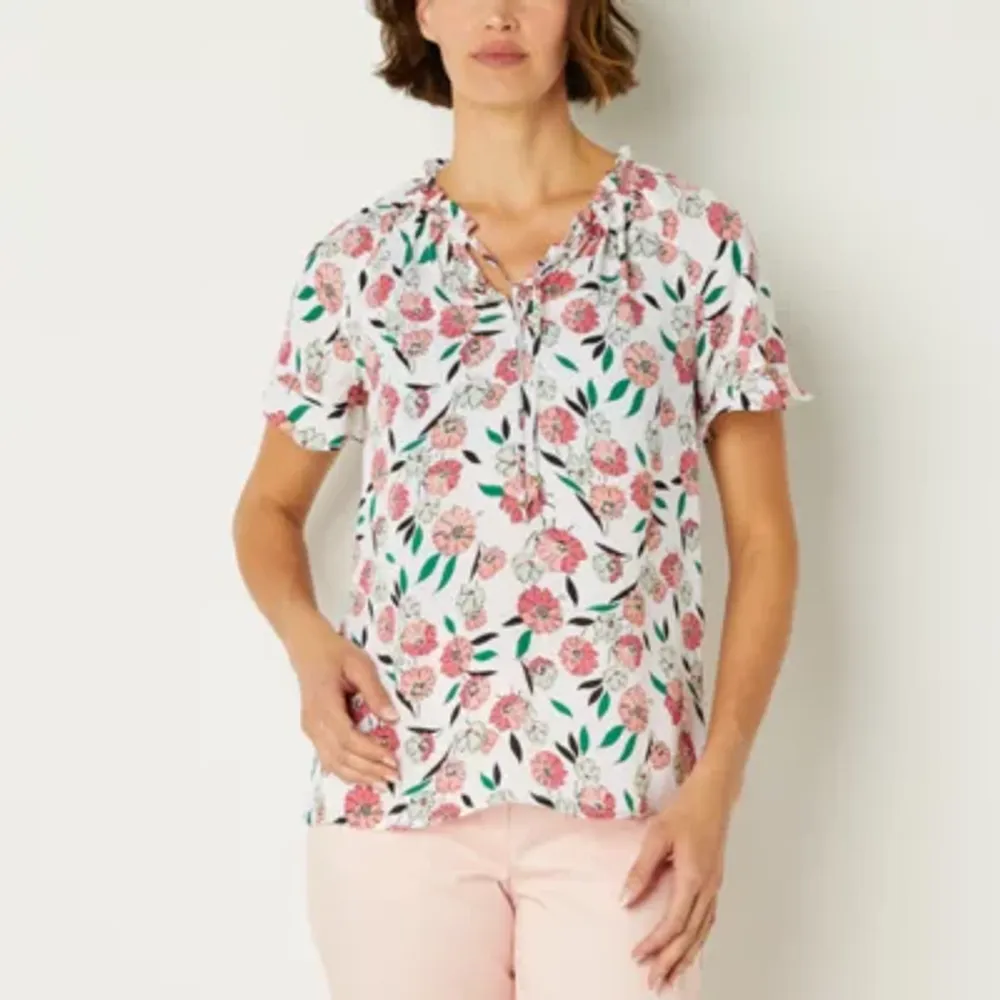 Liz Claiborne Womens Split Tie Neck Short Sleeve Blouse | Plaza Las Americas