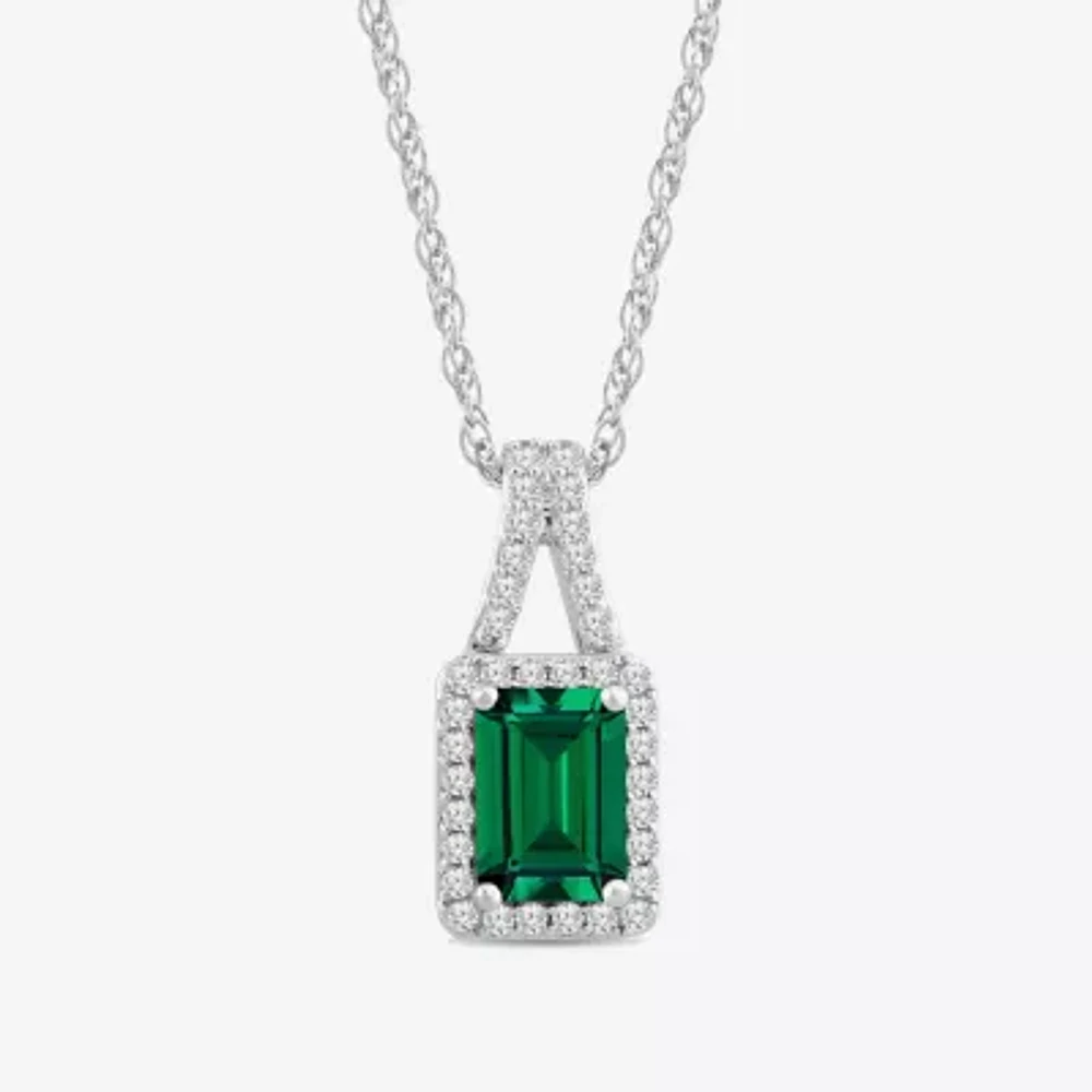 Womens Lab Created Green Emerald Sterling Silver Pendant Necklace