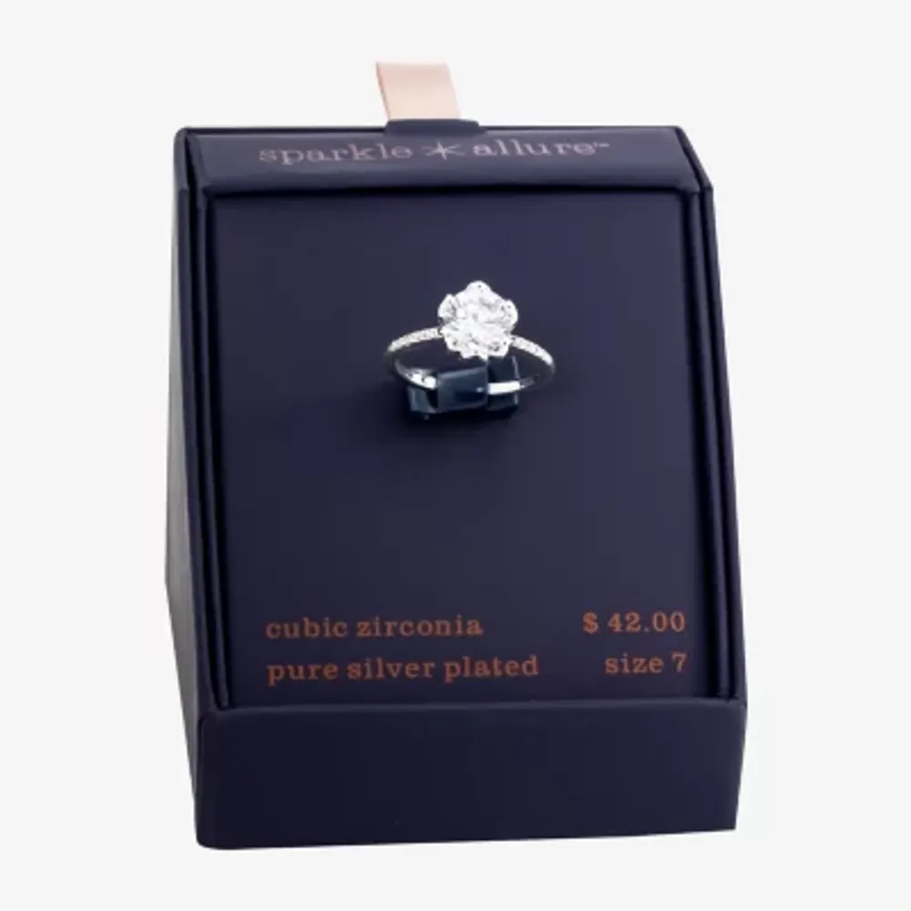 Sparkle Allure Cubic Zirconia Pure Silver Over Brass Flower Cocktail Ring