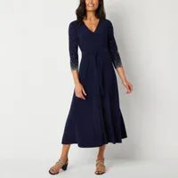 MSK 3/4 Sleeve Beaded Midi Fit + Flare Dress