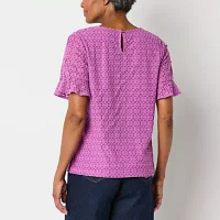 Liz Claiborne Womens Crew Neck Short Sleeve Lace Blouse