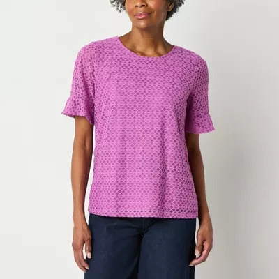 Liz Claiborne Womens Crew Neck Short Sleeve Lace Blouse