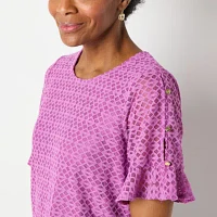 Liz Claiborne Womens Crew Neck Short Sleeve Lace Blouse