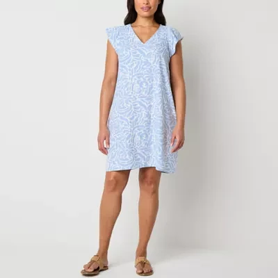 Liz Claiborne Womens Short Sleeve Floral Midi A-Line Dress