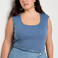 a.n.a Ribbed Womens Plus U Neck Short Sleeve T-Shirt
