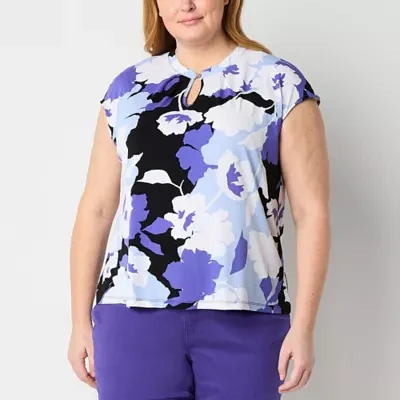 Liz Claiborne Plus Womens Keyhole Neck Short Sleeve Blouse