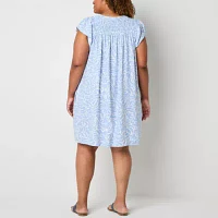 Liz Claiborne Womens Short Sleeve Floral Midi A-Line Dress Plus