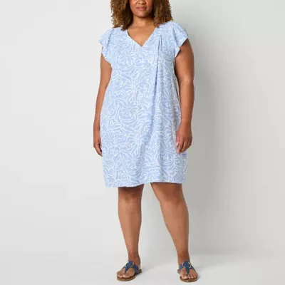 Liz Claiborne Womens Short Sleeve Floral Midi A-Line Dress Plus