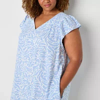 Liz Claiborne Womens Short Sleeve Floral Midi A-Line Dress Plus