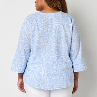 Liz Claiborne Plus Womens Split Crew Neck 3/4 Sleeve Blouse