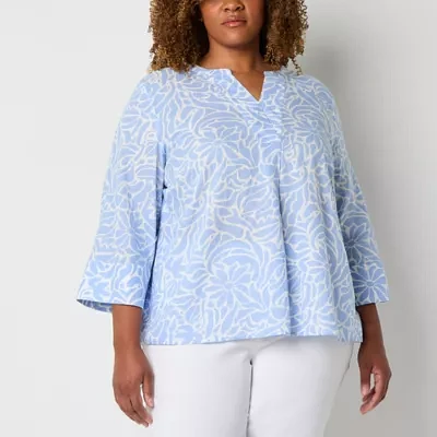 Liz Claiborne Plus Womens Split Crew Neck 3/4 Sleeve Blouse