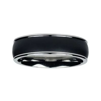   Mens 7mm Black Titanium and Stainless Steel Wedding Band