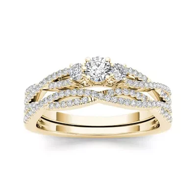 1/2 CT.T.W. Natural Diamond 14K Yellow Gold Crossover Bridal Ring Set