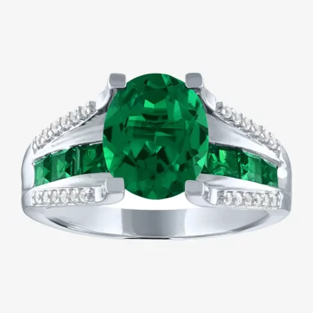 Womens Lab Created Green Emerald Sterling Silver Cocktail Ring