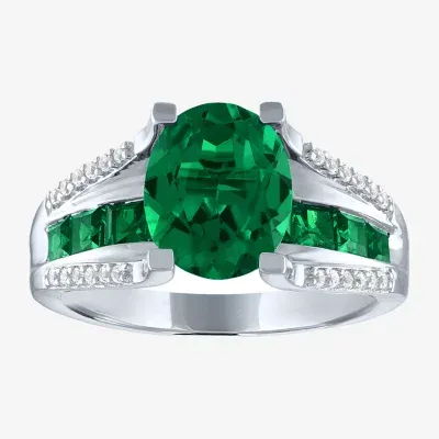 Womens Lab Created Green Emerald Sterling Silver Cocktail Ring