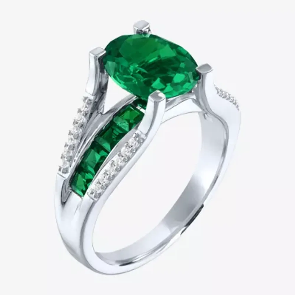 Womens Lab Created Green Emerald Sterling Silver Cocktail Ring