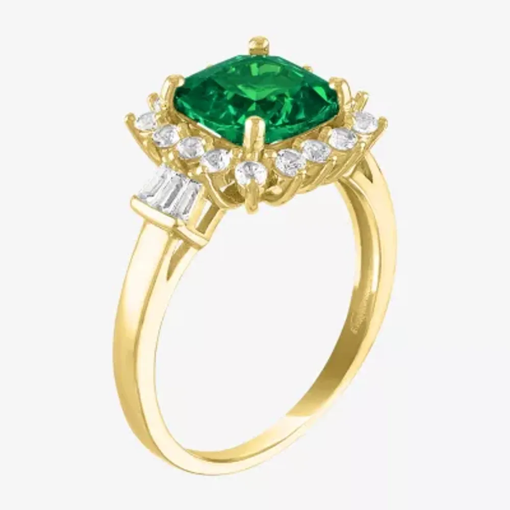 Womens Simulated Green Emerald Sterling Silver Cocktail Ring