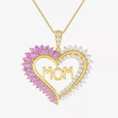 "Mom" Womens Lab Created Pink Sapphire 14K Gold Over Silver Heart Pendant Necklace